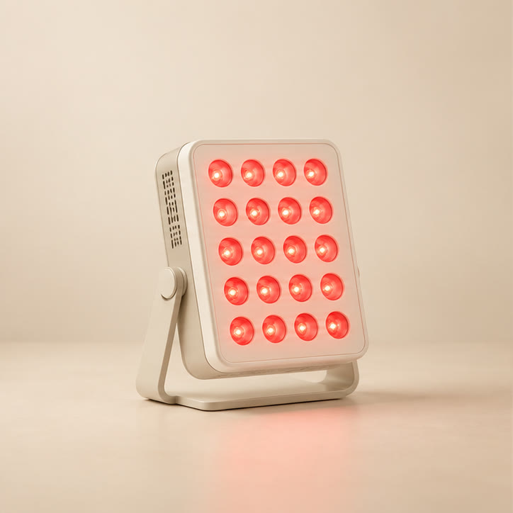 Ritual Mini compact red light panel concept on a warm neutral background